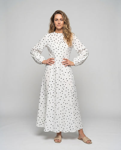 Damen Baumwollkleid Tellerrock Ballonärmel Herzchen-Print