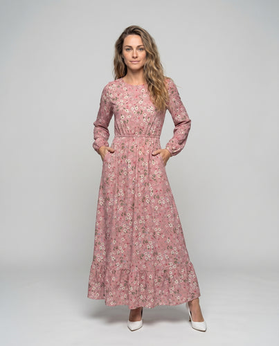 Damen Blumenswing-Maxikleid Manschettenärmel Stufenvolant Elastik-Taille