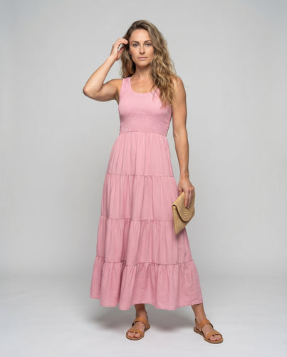 Damen Bodenlanges Stufenkleid Gesmoktes Oberteil Breite Träger
