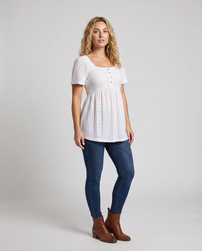 Damen Broderie-Anglaise-Tunika Puffärmel Empire-Taille Quadrat-Ausschnitt