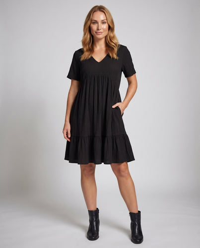 Damen Crinkle-Swingkleid V-Ausschnitt Empire-Naht Stufenvolant