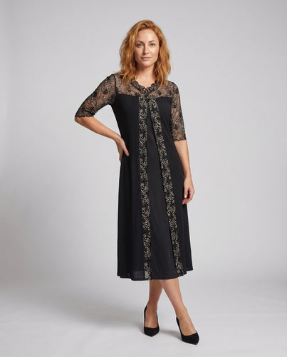 Damen Chiffon-Midikleid Spitzenbesatz Stickereibahnen 3/4-Arm