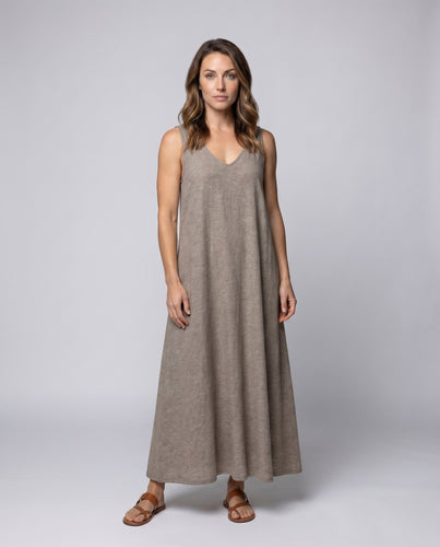 Damen Leinen-Swingkleid V-Ausschnitt Breite Träger Entspannt