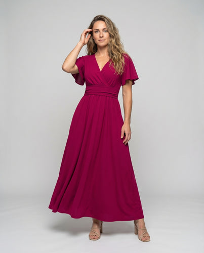Damen Maxikleid V-Ausschnitt Taillenbund Kimonoärmel