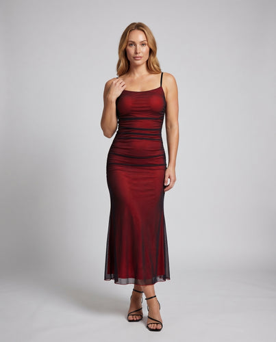 Damen Maxikleid Mesh-Overlay Seitliche Raffung Spaghettiträger