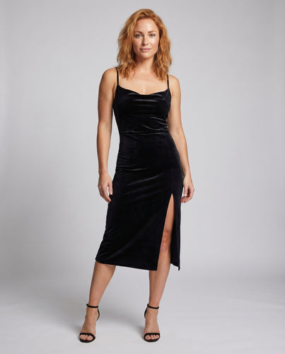 Damen Samt-Midikleid Cowl-Ausschnitt Seitenschlitz Schmale Träger