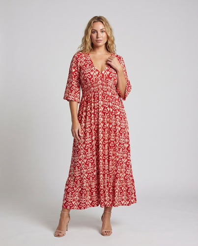 Damen Ikat-Print-Maxikleid V-Ausschnitt Empire-Taille Volantrock