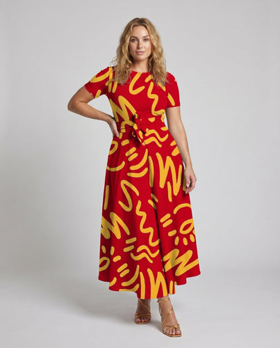 Damen Maxikleid Abstrakter Alloverprint Taillenbindegürtel Kurzarm