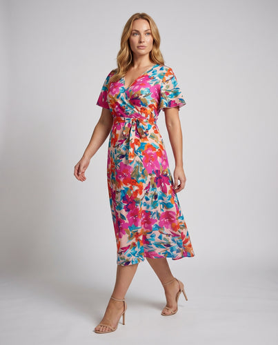 Damen A-Linien-Wickelmidikleid V-Ausschnitt Knoten-Taillenband Kurzarm