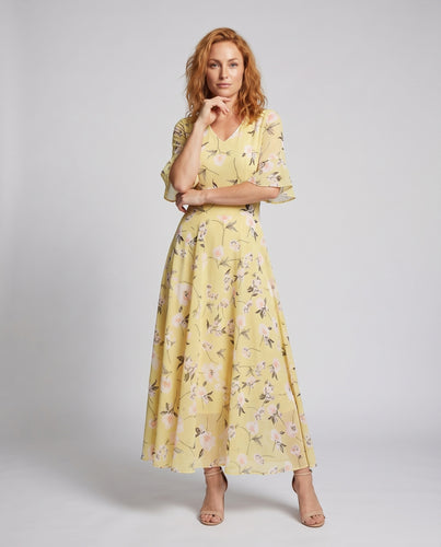 Damen Florales Maxikleid V-Ausschnitt Taillierte Miedernaht Volantärmel