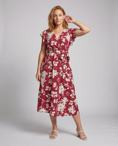 Damen Florales Midikleid V-Ausschnitt Bindegürtel Volantärmel