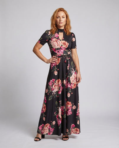 Damen Maxikleid Schlüsselloch-Ausschnitt Bindegürtel Kurzarm Schmeichelnd