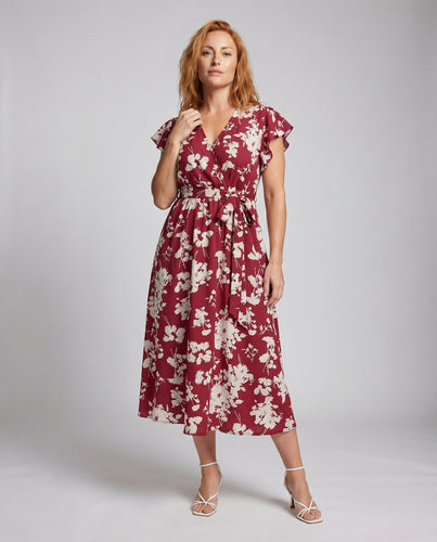Damen Wickel-Midikleid V-Ausschnitt Taillengürtel Blumenmuster