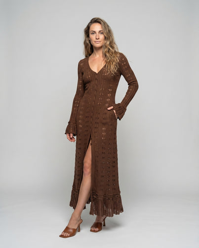 Damen Maxi-Strickkleid Durchgehende Knopfleiste Glockenärmel Gehäkelt