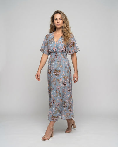Damen Chiffon-Maxikleid Smokbund Rückenschnürung Glockenärmel