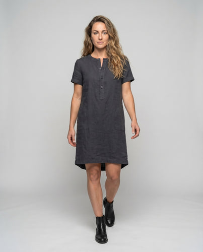 Damen Leinen-Shiftkleid Stehkragen Halbe Knopfleiste Taschen