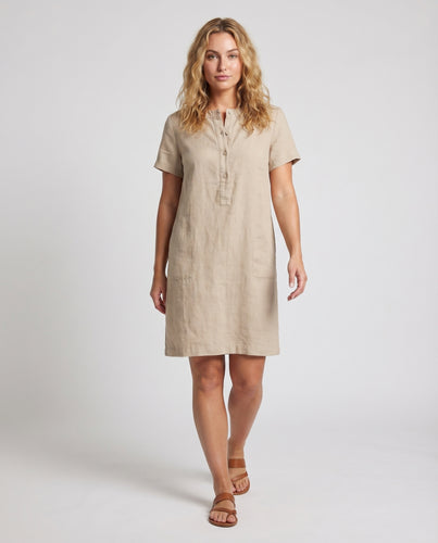 Damen Leinenmix-Kurzarmkleid Stehkragen Knopfleiste Aufgesetzte Taschen
