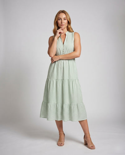 Damen Gestuftes Midikleid Stehkragen Knopfleiste Taillierte Raffung
