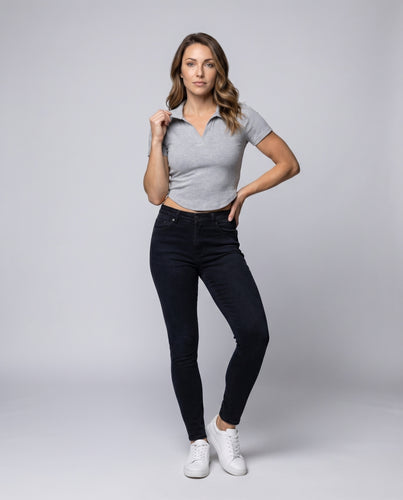 Damen Polokragen-Top V-Ausschnitt Gerundeter Saum Rippstrick