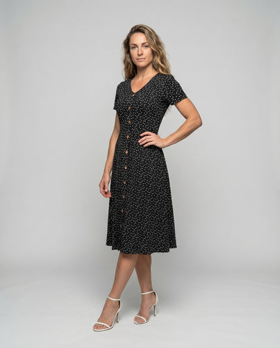 Damen Swingkleid Pünktchenmuster Knopfleiste Taillierte A-Linie