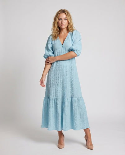 Damen Kleid Struktur-Baumwolle Ballonärmel Stufenvolant