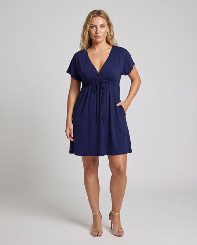 Damen Midikleid V-Ausschnitt Unterbrust-Zugband A-Linie