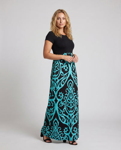 Damen Maxi-Kleid Empire-Taille Seitentaschen Kontrast-Optik