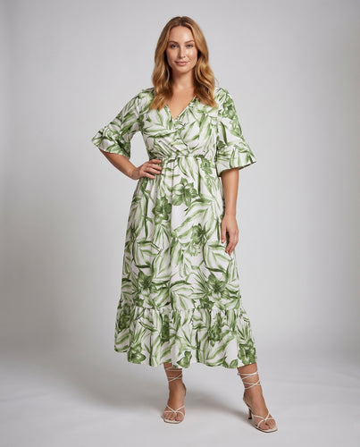 Damen Maxikleid Blattmuster Empire-Taille Volantbesatz