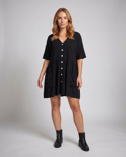 Damen A-Linien-Kleid V-Ausschnitt Frontknöpfe Nahttaschen