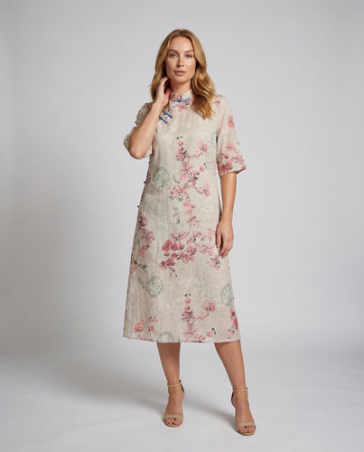 Damen Leinen-Midikleid Stehkragen Aquarellprint Knopfleiste