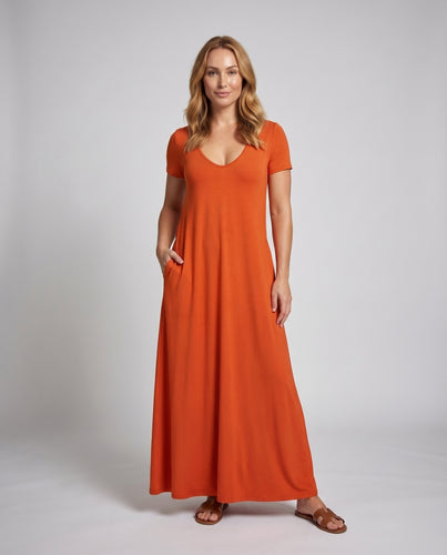 Damen Reise-Maxikleid V-Ausschnitt Seitentaschen Kurzarm
