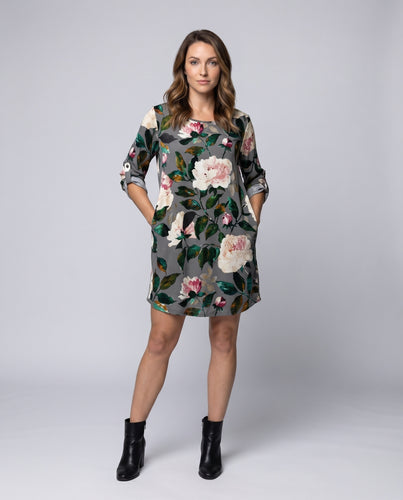 Damen Tunika-Midikleid Viskose-Mix Überschnittene Schulter Krempelärmel