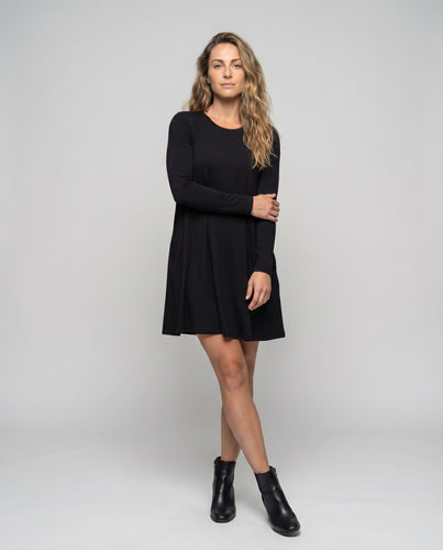 Damen Swing-Kleid Nahttaschen Lange Ärmel Rundhals