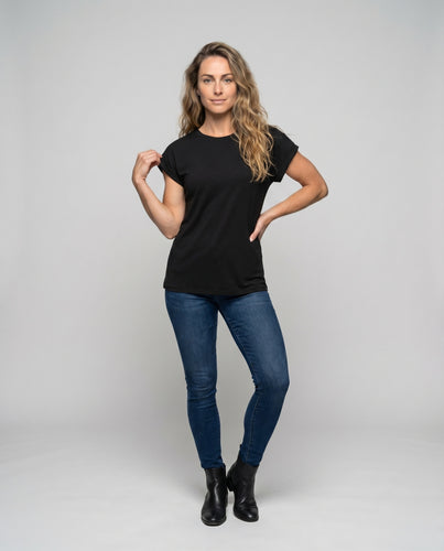 Damen Rundhalsshirt Umschlagärmel Gerundeter Saum Locker geschnitten