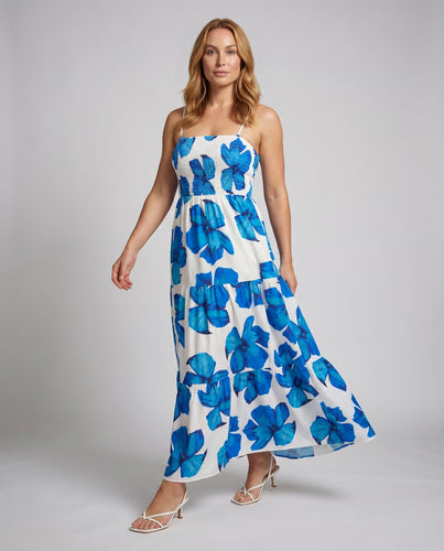 Damen Maxikleid Smokbustier Stufenvolantrock Spaghettiträger