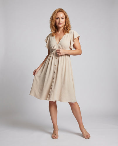Damen A-Linien-Sommerkleid Unterbrust-Raffung Knopfleiste V-Ausschnitt