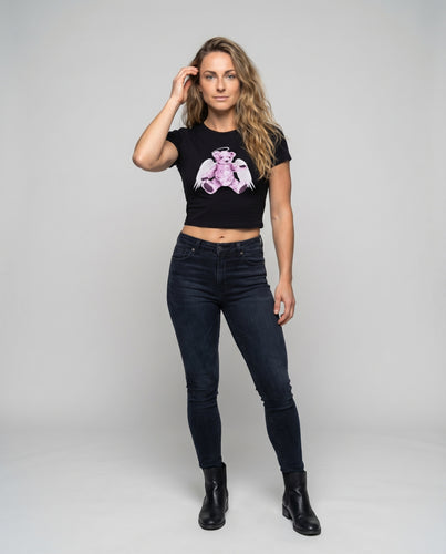 Damen Kurzshirt Engelsbär-Print Rundhals Elastik-Jersey