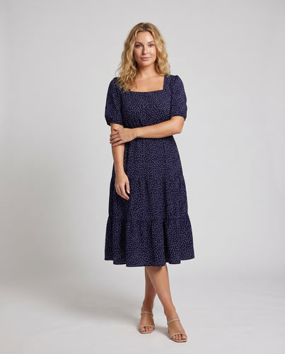 Damen Midikleid Puffärmel Stufenvolant Quadrat-Ausschnitt