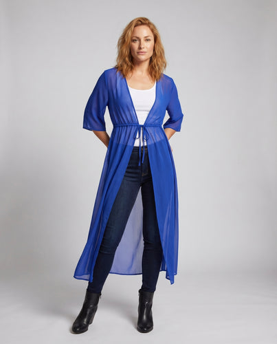 Damen Strandkaftan Tunnelzug Beinschlitz 3/4-Arm Transparent