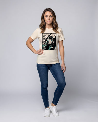 Damen Manga-Print T-Shirt Boxy-Schnitt Krempelärmel Rundhals