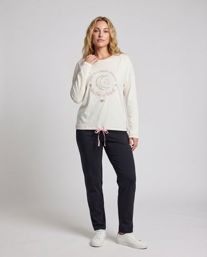 Damen Langarm-Schlafshirt Mond-Stern-Stickerei Tunnelzugsaum Rundhals