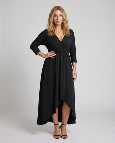 Damen Wickel-Maxikleid Asymmetrischer Saum 3/4-Arm V-Ausschnitt
