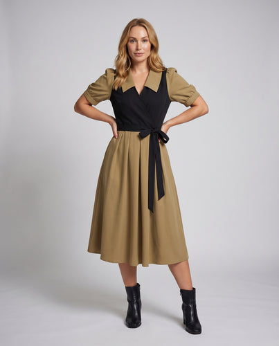 Damen Wickel-Midikleid Hemdblusenkragen Plisseerock Kontrastbesatz