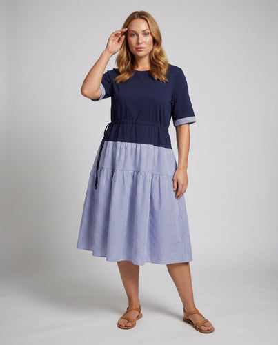 Damen Teller-Midikleid Nadelstreifenrock Taillenraffung Zweifarbig