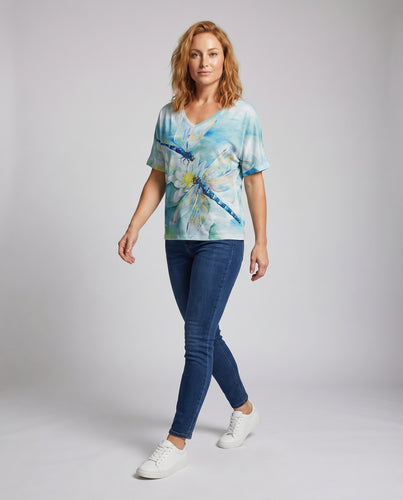 Damen V-Ausschnitt-Shirt Libellen-Print Krepp-Optik A-Linie