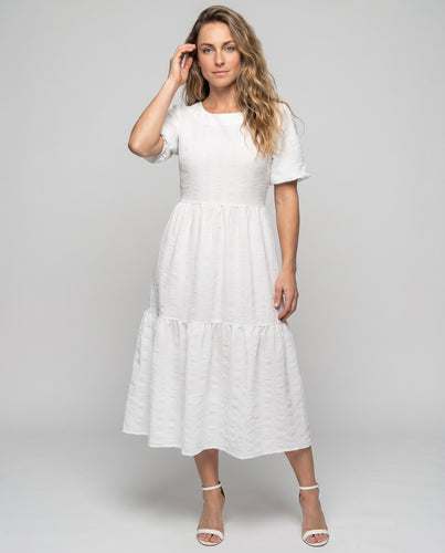 Damen Stufen-Midikleid Ballonärmel Rundhalsausschnitt Crinkle-Voile