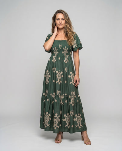 Damen Paisley-Maxikleid Smokoberteil Flügelärmel Eckiger Ausschnitt