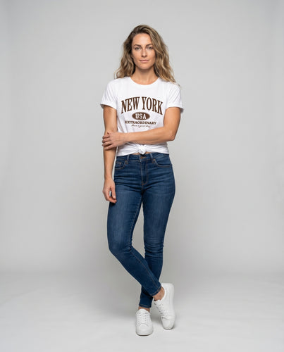 Damen T-Shirt New-York-Schriftzug Knoten-Saum Krempelärmel