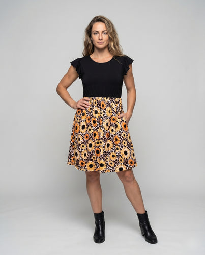 Damen Jerseykleid Kontrastierter Rockteil Allover-Mixprint Taillenbetont