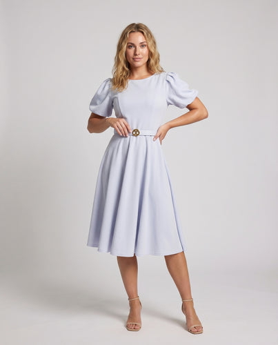 Damen A-Linien-Midikleid Taillenriemen Seitentaschen Kurzarm